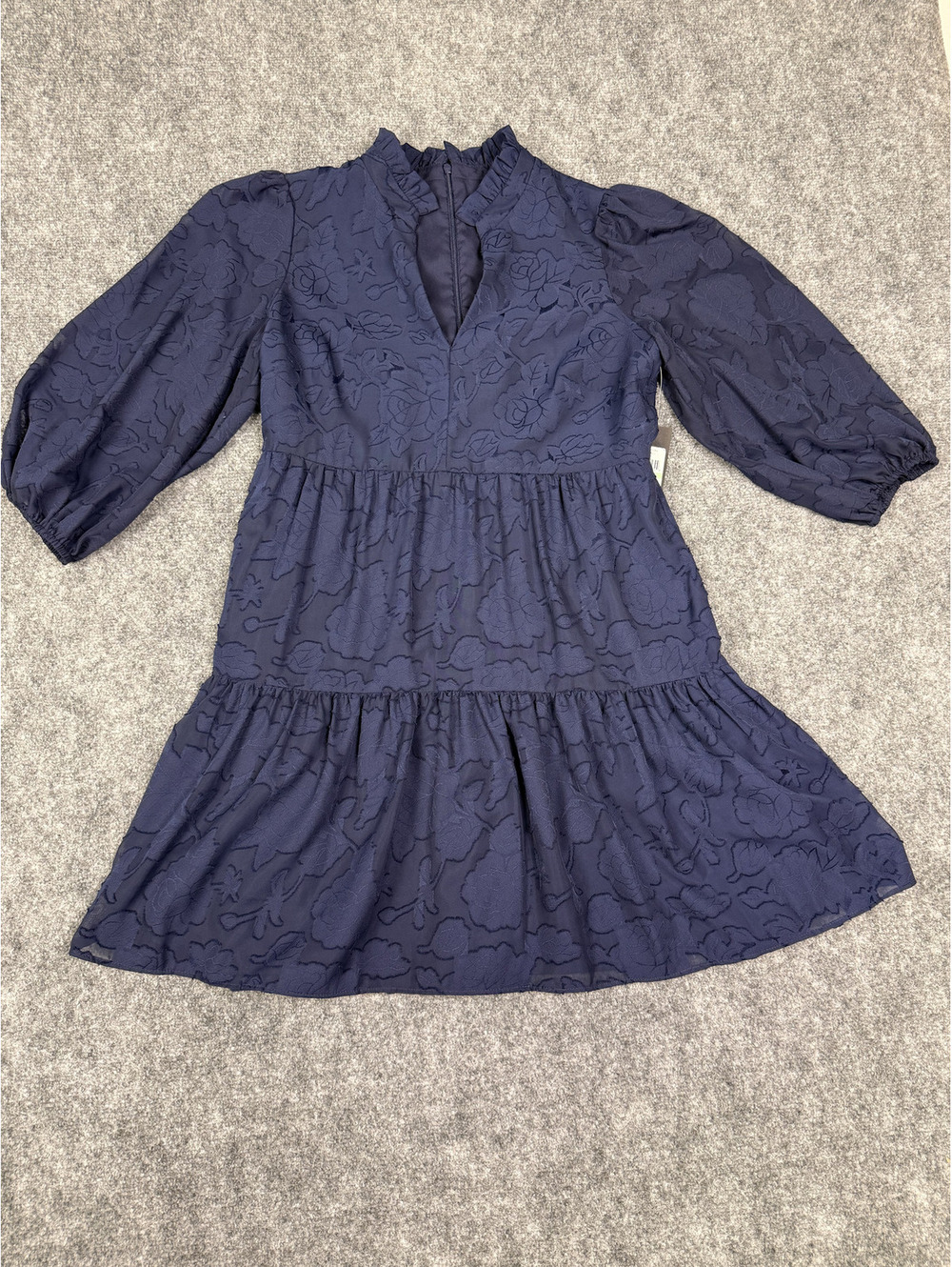 Navy Blue Floral Embroidered Puff Sleeve Dress